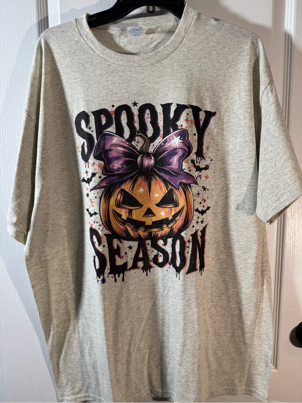 Spooky Season Halloween T-Shirt with Purple Bow Pumpkin